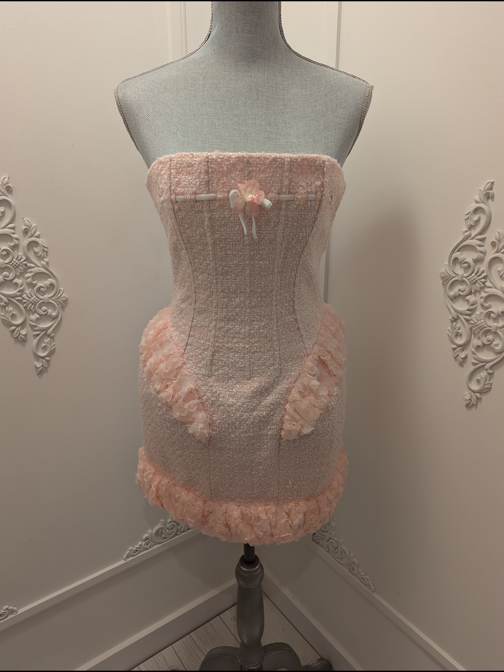 Lacemade Strapless Pink Tweed Mini Dress with Ruffle Trim